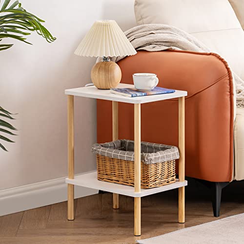 Apicizon 2 Tier End Table Set of 2, Small Side Table with Solid Wood Legs, Boho Bedside Table with Storage Shelf, Nightstand for Small Spaces, Bedroom, Living Room, Entryway, White+Natural - color: White+natural, size: 2 Set, style: 2 Tier
