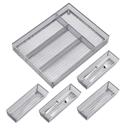 Neudeco Drawer Organizer Set 5 Pack - 4-Compartment Silverware Organizer Tray + 4 Utensil Trays, Kitchen Drawer Organizer for Flatware, Cutlery, Office Supplies, Silver Mesh, Non-Slip,Silver - color: Silver-5 pack