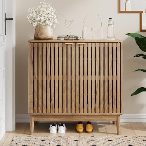 Kiasthome Shoe Storage Cabinet with Ventilated Slatted Doors, Wooden Shoe Organizer, Shoes Rack for Entryway, Hallway, Living Room - color: Natural Wood, size: 31.5" W