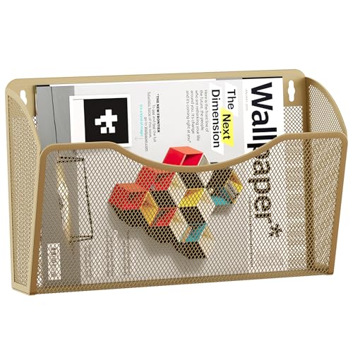 EasyPAG Wall File Organizer, Metal Mesh Hanging File Folder Holder for Letter/A4 Size Folders, Vertical Wall Mount Mail Sorter for Office Paperwork, Classroom, Gold - color: Gold