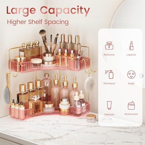 Delicate Pink 2-Tier Corner Counter Organizer with Expandable Hooks | Bathroom, Kitchen & Vanity Storage for PET Makeup, Skincare & Jewelry - color: Pink, size: 2 Tier