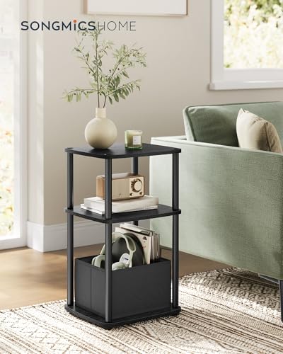 SONGMICS Home Side Table, 3-Tier Nightstand with Storage, End Table with Fabric Basket, for Bedroom, Living Room, Steel Frame, Superfast Toolless Assembly, Modern, Ebony Black ULET286B01 - color: Ebony Black, size: 1 pack