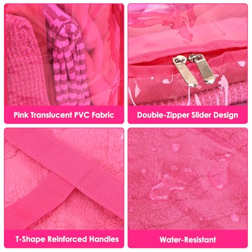 SGHUO Clear Storage Bags 60L Extra Large Plastic Vinyl Blanket Storage Bag for Clothes, Comforter, Bedding, Moving Bags with Zipper and Reinforced Handle (4pcs, Pink) - color: C-Pink