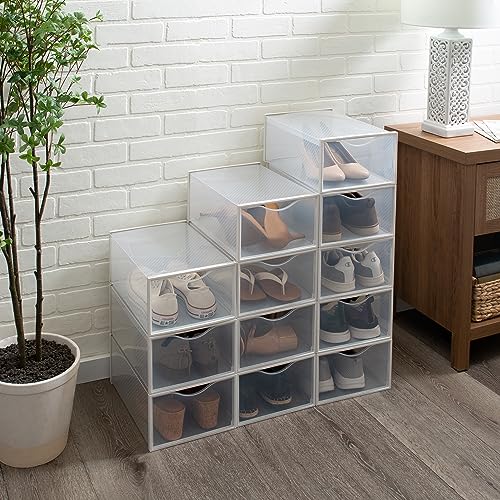 Simplify Set of 12 Stackable Shoe Boxes | Customizable | Fits Size 11 Shoes | Drop Front Design | Closet Storage | Sneakers | Heels | Clear and White - color: White