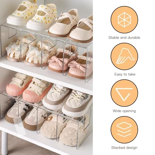 Transparent Acrylic Kids Shoe Rack, Small Shoe Rack,Baby Shoe Organizer, Kids Shoe Organizer with 4 Sections Stackable Shelves for Closet Storage, Space-Saving 4 Pack