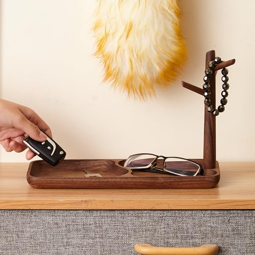 Solid Wood Key Holder with Tray, Black Walnut Key Tray & 3-Tier Jewelry Stand - Entryway Key Bowl Organizer for Keys, Wallet, Phone, Watch, Rings, Bracelets | Wooden Key Holder (11.8"x4.7"x8.3")