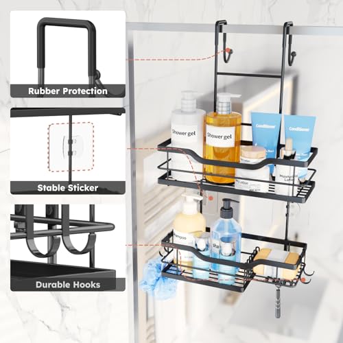 Consumest Over Door Shower Caddy - 2 Tier Shower Shelves Hanging with Soap Holders, Large Capacity Shower Organizer with 4 Hooks, Bathroom Rack and Storage, Black - color: Black, size: 2 Tier