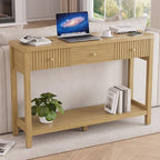 47 Inch Fluted Console Table with Outlets and USB-C Port, Mid Century Modern Sofa Table with 3 Drawers and Open Shelf, Entryway Table with Charging Station for Behind Couch, Hallway, Foyer, Oak - color: Natural Oak