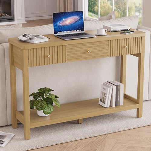 47 Inch Fluted Console Table with Outlets and USB-C Port, Mid Century Modern Sofa Table with 3 Drawers and Open Shelf, Entryway Table with Charging Station for Behind Couch, Hallway, Foyer, Oak - color: Natural Oak