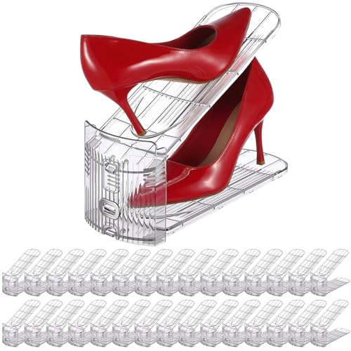 Briwooody Clear Shoe Slots Organizer with Adjustable Height, Acrylic Closet Stacker Display, Storage Shoe Rack Organizer, Double Layer Holders for Shelf Wardrobe Space Saving(Clear,30 Pack) - color: Clear