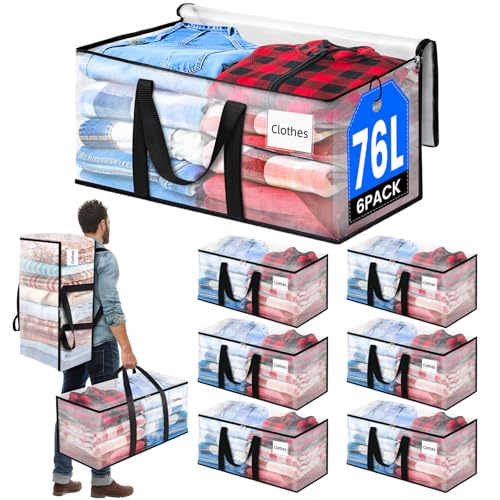 BlissTotes 6-Pack Large Moving Bags with Backpack Straps & Strong Zippers, Heavy-Duty Storage Bags Moving Boxes for Space Saving, Dorms, Transport, 76L-20 Gallons, Clear - size: 20 Gallons