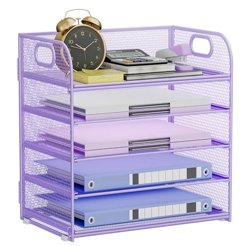5-Tier Stackable Paper Organizer with Handle, Purple Metal Mesh Letter Tray | Elegant Desk File Sorter for Office, Home & Classroom Organization - color: Purple, size: 12.6" x 9.1" x 13.4"