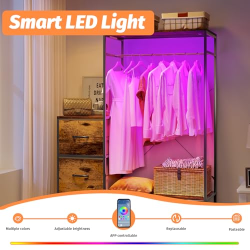 Clothing Rack with Fabric Drawers & LED Lights, 39.4W*57H Dresser with Hanging Rack, Free Standing Wardrobe Closet with Shelves, Closet Organizer with Drawers for Bedroom, Small Space, Apartment - color: Brown