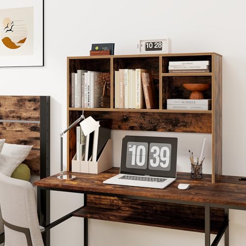Tangkula Desktop Bookshelf, Countertop Storage Hutch with 4 Shelves for Computer Desk, Desk 2-Tier Display Rack, Multipurpose Wood Desktop Hutch Storage Organizer for Dorm Office Home - color: Rustic Brown, size: 4 Shelves