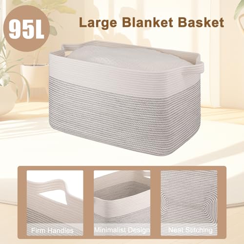 OIAHOMY Extra Large Blanket Basket, 95L Cotton Rope Woven Laundry Basket, Toy Bin for Baby Room, Container for Blanket Storage in Living Room, 24''×17''×14'', Black & White - color: Black & White, size: 95L