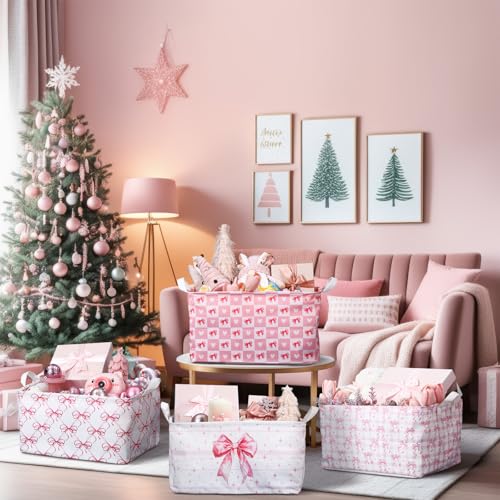 4 Pcs Pink Bow Storage Basket for Gifts Collapsible Girls Coqutte Pink Storage Bins with Handle Cute Preppy Foldable Laundry Organizer for Home Bathroom Bedrooms Baby Clothes Toys Books - style: Pink Bowknot