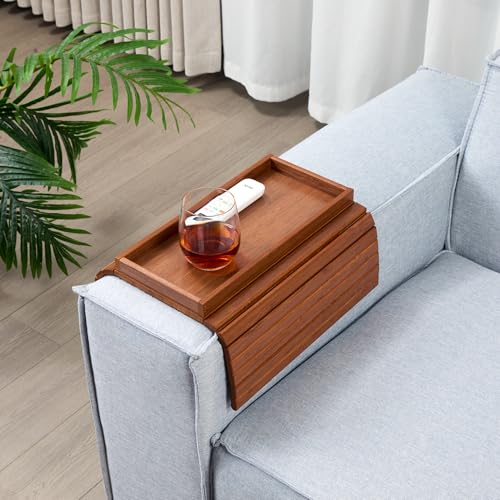 DETOR Couch Arm Tray with Spacious 12.4" x 5.4" Storage Box, Acacia Stained Bamboo Finish, Enhanced Non-Slip Felt Bottom, Sturdy Bamboo Slats, Fits Armrests 6" and Wider - color: Acacia Stained