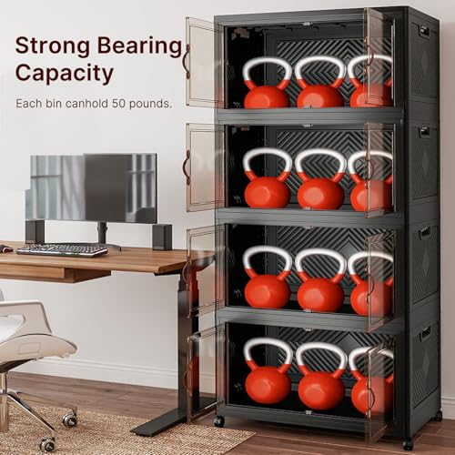 UAMFURI Extra Large Stackable Storage Bins with Lids & Wheels, 672QT-168QT/42GAL*4Pack Foldable Collapsible Closet Organizers Storage Cabinet with Doors for Bedroom Dorm - color: Black, size: 4PACK-30"W20"D65"H