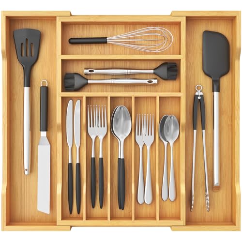 Lifewit Silverware Drawer Organizer, Expandable Utensil Tray for Kitchen, Flatware and Cutlery Holder, Wood Adjustable Storage for Spoons Forks Knives, 31-53 x 43cm, Natural - color: Natural, size: 12~21''W x 17''D