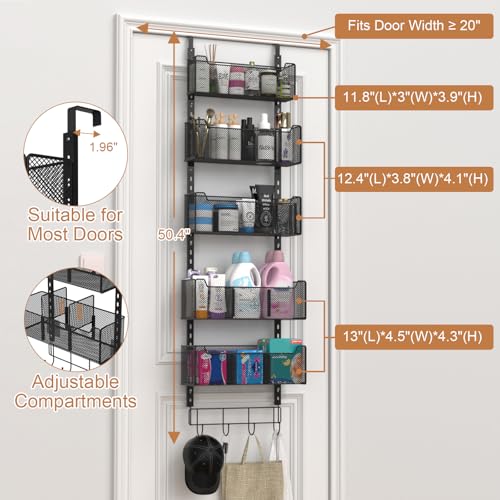 VyGrow Over The Door Organizer, Metal Door Organizer Hanging with 5 Adjustable Baskets and Coat Hook, Behind The Door Storage for Bedroom Closet Bathroom Pantry Cabinet Kitchen, Black - color: Black, size: 5-Tier