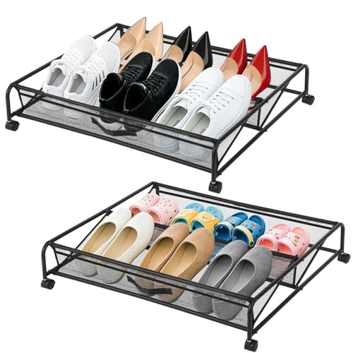Under Bed Shoe Storage Organizer, 2-Pack Metal Mesh Storage Drawers with Wheels – Rolling Underbed Shoe Organizer for Space Saving Bedroom Organization (Black)