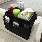 Sofa Armrest Organizer, Couch TV Remote Storage Organizer with Pockets for Recliner Armchair Snacks Glasses Smartphone Magazines Pouch (Black)