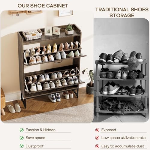 Nicetree Shoe Cabinet with 2 Flip Drawers, Freestanding Shoe Storage Cabinet with Metal Legs, Farmhouse Shoe Organizer for Entryway, Foyer, Hallway - color: Chestnut, style: 2-Drawers