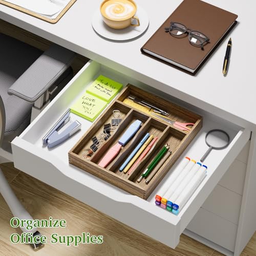 Kiasthome Acacia Wood Silverware Drawer Organizer, Kitchen Utensil Cutlery Drawer Organizer with Grooved Dividers, Flatware Organizer Silverware Tray Holder for Spoon, Fork, 11''x13.8'' (5 Slots) - size: 5 Slots