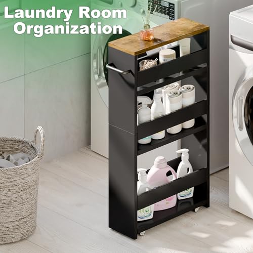 MARTY Rolling Storage Cart 4-Tier Black Kitchen Cart with Wheels, Slim Storage Cart with Handle Slide Out Utility Cart Shelving Unit Organizer Trolley for Laundry Narrow Places Bathroom Small Corner - color: Black, size: 5.51"D x 15.75"W x 31.5"H