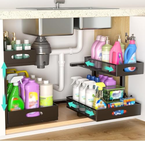 Under Sink Organizer, Extra-Wide Upgrade, 2-Pack of 2-Tier Metal Slide Out Cabinet Organizer, Height Adjustable Organization and Storage Series, Bathroom/Cabinet/Kitchen organization, Black - color: Black - Double Pack, size: Wide Upgraded Version