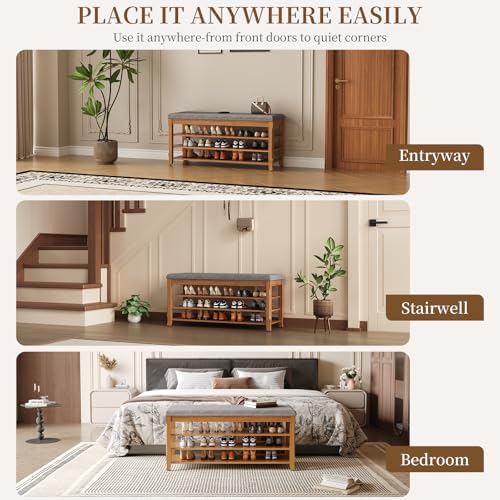 Solid Wood Shoe Bench with Storage, Flip-Top Soft-Close Lid, Adjustable Shelves, Cushioned Entryway Shoe Rack Organizer, 31.5” - size: 31.5"