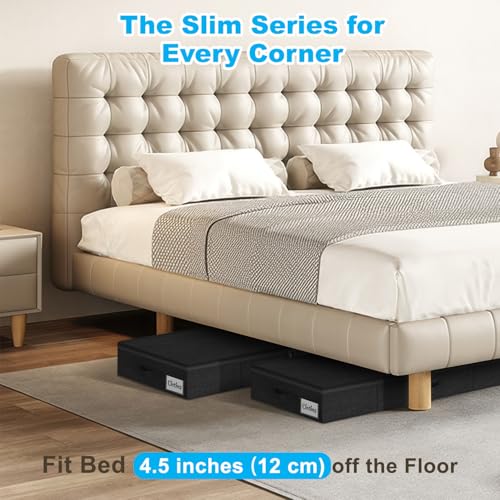 Under Bed Storage Container Bins 2 Pack, 4.5 Inch Slim Low Profile Underbed Clothes Storage Organizer for Dorm & Home, Use for Blanket and Toy Storage Box W/ Sturdy Bottom/Sides, Foldable Thick Fabric - color: Black-2 Pack, size: 4.5in-Slim