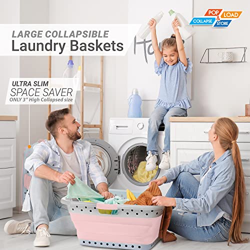 Pop & Load Collapse & Store 1 Large 25" Slim Collapsible Plastic Laundry Basket, Space Saving Portable Pop Up Storage & Organization Basket, 3" High When Folded, 3 Comfort Grip Handles, Blush Pink - color: Blush Pink, size: Large HipHolder - 3 Handles