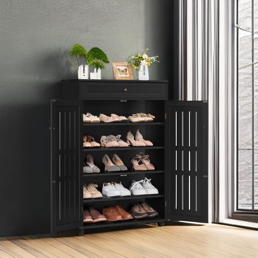 Yaheetech Shoe Cabinet, 5-Tier Shoe Rack Organizer with 1 Drawer, Freestanding Wooden Shoe Storage Cabinet with 2 Louvered Door & Adjustable Shelves for Entryway Hallway, Black - color: Black, size: 31 x 15 x 45.5''