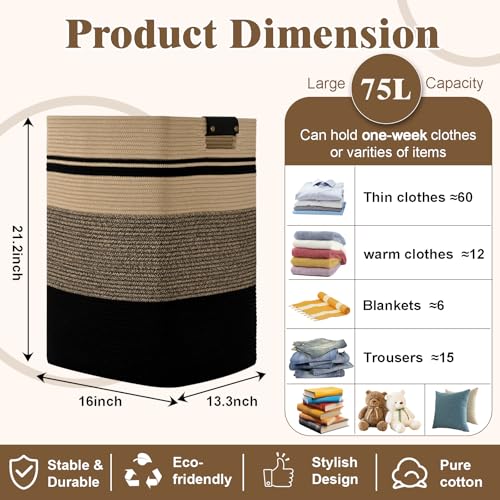 Laundry Hamper, 75L Tall Laundry Basket with Leather Handles, Rectangle Large Clothes Hamper for Organizing, Cotton Woven Laundry Baskets Storage Hampers for Bedroom, Nursery, Living Room - color: Jute& Black, size: 75L