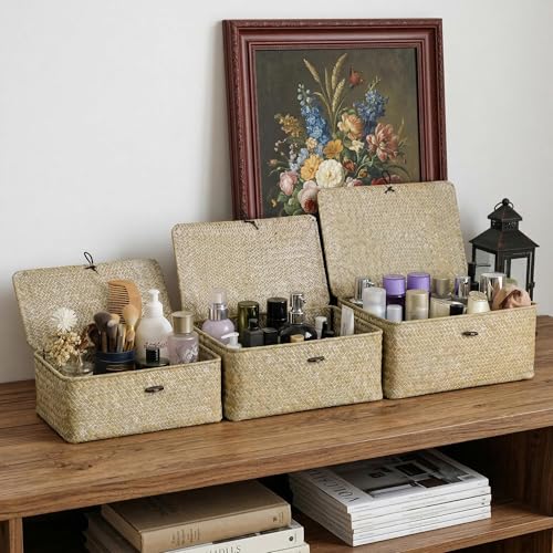 Nonam Storage Basket with Lid, Natural Seagrass Bin with Lid Set of 3, Shelf Baskets Multipurpose Container for Boho Decoration, Rectangular Household Storage Boxes for Home Organization-White - color: White* Set of 3
