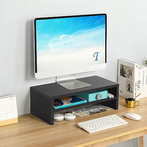 TEAMIX 2 Tiers Wooden Desktop Monitor Stand Riser 20 Inch Printer Stand with Double Storage Small TV Riser Laptop Keyboard Holder Business Desk Organizer Shelf Black Bookshelf - color: Black