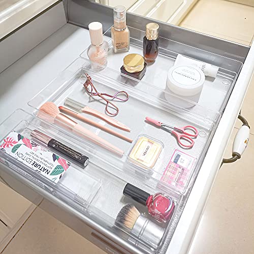 LotFancy Clear Plastic Drawer Organizer, 12’’ x 6” x 2’’, Set of 3 Drawer Storage Containers Bins for Dresser Cosmetics Makeup, Stackable - size: 12x6x2''