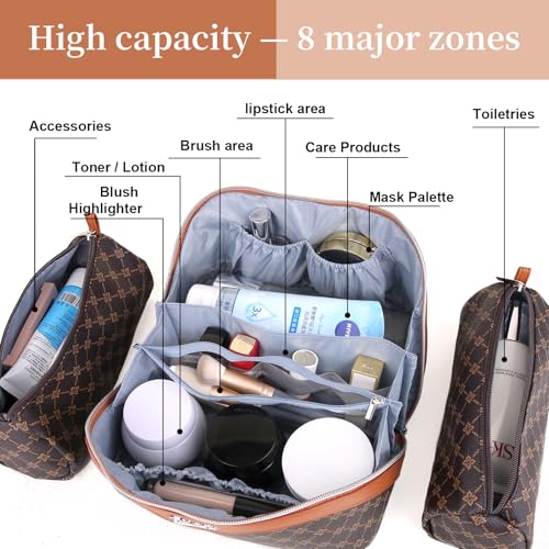 BOYATU Travel Makeup Bag Cosmetic Bags for Women: 3 Pcs Set Large Portable Make up Bag with Handle - Vegan Leather Toiletry Bags with Compartments - Makeup Organizer for Travel Essentials(A-1-Coffee) - color: A-1-Coffee