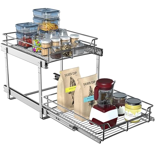 JOWBOOW 2-Tier Pull Out Cabinet Organizer (17.5" W x 22" D), Pull Out Shelves and Drawer for Kitchen Pantry Storage Basket, Heavy-Duty Metal Sliding Shelf, Chrome Finish - size: 17.5 x 22 Inch