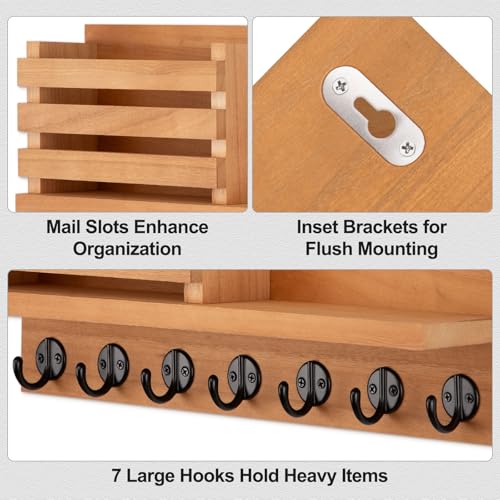 Lwenki Key Holder for Wall – Decorative Wooden Mail Holder and Key Shelf with Mounting Hardware, Installation Guide – Paulownia Wood with Metal Key Hooks (Light Brown, Extra Large - 15.6inch) - color: Light Brown, size: Extra Large - 15.6inch