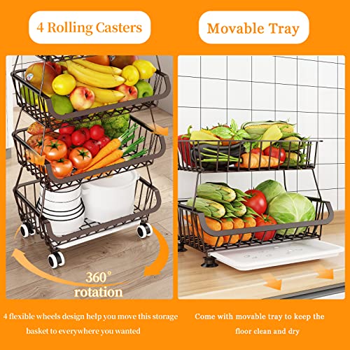 Miyawell Fruit Vegetable Storage Basket for Kitchen - 4 Tier Stackable Metal Wire Baskets Cart with Rolling Wheels Utility Fruits Rack Produce Snack Organizer Bins for Pantry Bathroom Laundry Bronze - color: 4 Tier-bronze
