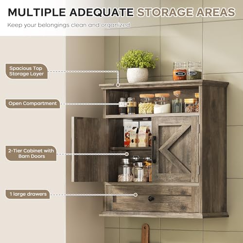 Bathroom Wall Cabinet, Wall Mounted Medicine Cabinet with Drawer, Barn Door & Adjustable Shelf, 24.4"H x 23.6"W x 9"D Grey Over Toilet Farmhouse Storage Cabinet for Kitchen, Laundry, Entryway - color: Grey, size: 24.4"H x 23.6"W x 9"D