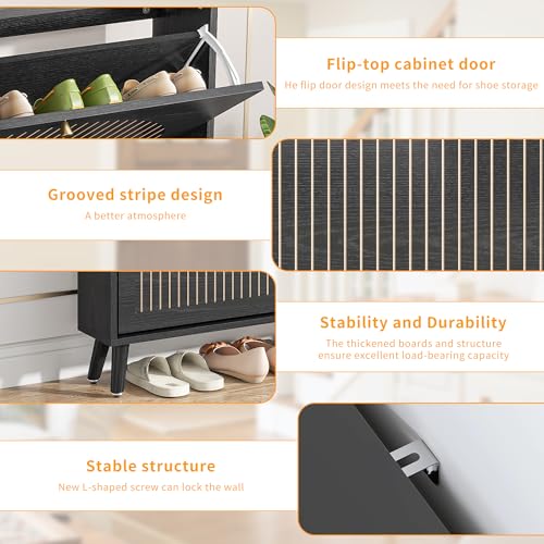 Fsbecl Shoe Storage Cabinet for Entryway with 2 Flip Drawers, Narrow Wood Shoe Cabinet with Fluted Panel, Freestanding Hidden Shoe Organizer for Foyer, Hallway (Black - No Shelf) - color: Black - No Shelf