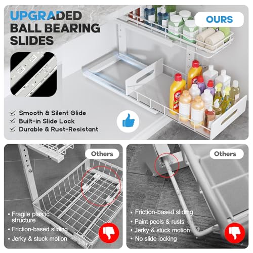 Under Sink Organizer Upgrade To Professional Rails,2-Tier Dual Pull Out Cabinet Storage,Height Adjustable Slide Out Drawers For Bathroom Kitchen,2 Pack-18.5"Dx12.8"-16.9"H,White - color: White, size: 2 Pack-18.5"Dx12.8"-16.9"H