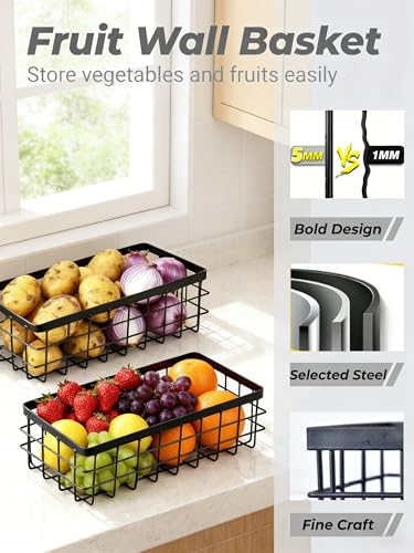 Hanging Wire Storage Baskets, Metal Small Wire Wall Organizer, Adhesive Wall Storage Shelves for Kitchen, Bathroom Pantry (Spice Rack, Cabinet Organizer, Shower Caddy) Black-2 Packs - color: Black