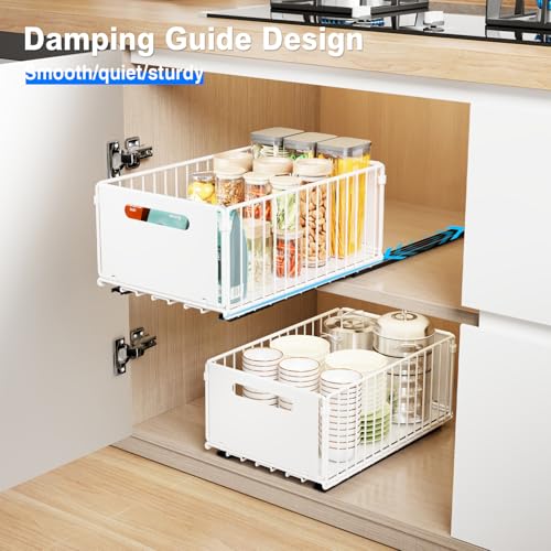 Mustorn 2 Pack Pull Out Cabinet Organizer, Slide Out Drawers for Cabinets, Peel and Stick, Heavy Duty Shelves for Kitchen, Cupboard, Pantry, Bathroom (14.76" D*9.65" W*7.87" H-White) - color: White, size: 14.76"D*9.65"W*7.48"H