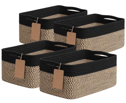 Goodpick 4 Pack Storage Baskets for Shelves, Rectangle Wicker Storage Bins for Baby Shower Toys, Decorative Organizer Shelf Baskets for Gifts Empty, 13''L x 8''W x 6''H, Black & Jute - color: Black & Jute