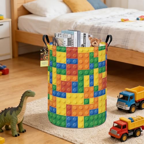 Collapsible Fabric Storage Basket, Waterproof Laundry Hamper with Handles, Round Storage Bin for Clothes Toys, Foldable Organizer for Bedroom Nursery Bathroom(Round-Colorful Blocks) - color: Round-Colorful Blocks