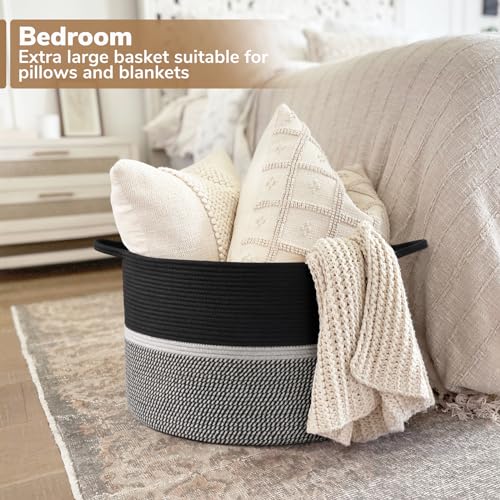 CHICVITA Extra Large Laundry Basket, Woven Rope Blanket Basket for Towels, Clothes, Toy Storage, Pillow Basket for Living Room, Family Room, 22 x 22 x 14 inches, Black - color: Black and Gray